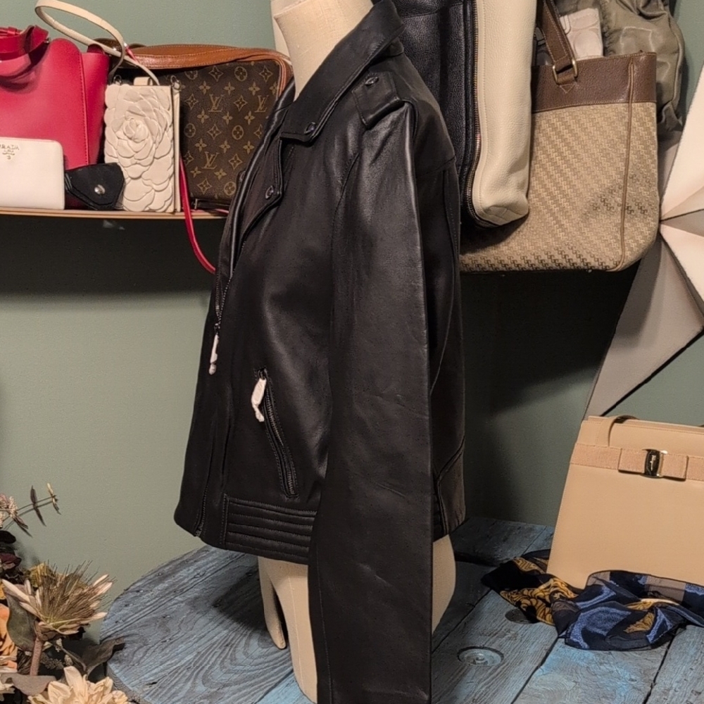 Nwt Tommy Hilfiger Black Leather Biker Jacket India Dress Club 46 US 14 - Picture 4 of 16